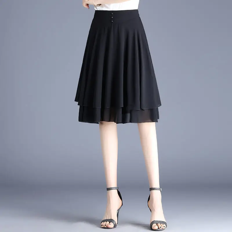 Elegant Elastic Spliced Solid Color Chiffon A-Line Skirts Women's Clothing 2025 Summer New Loose Office Lady High Waist Skirts