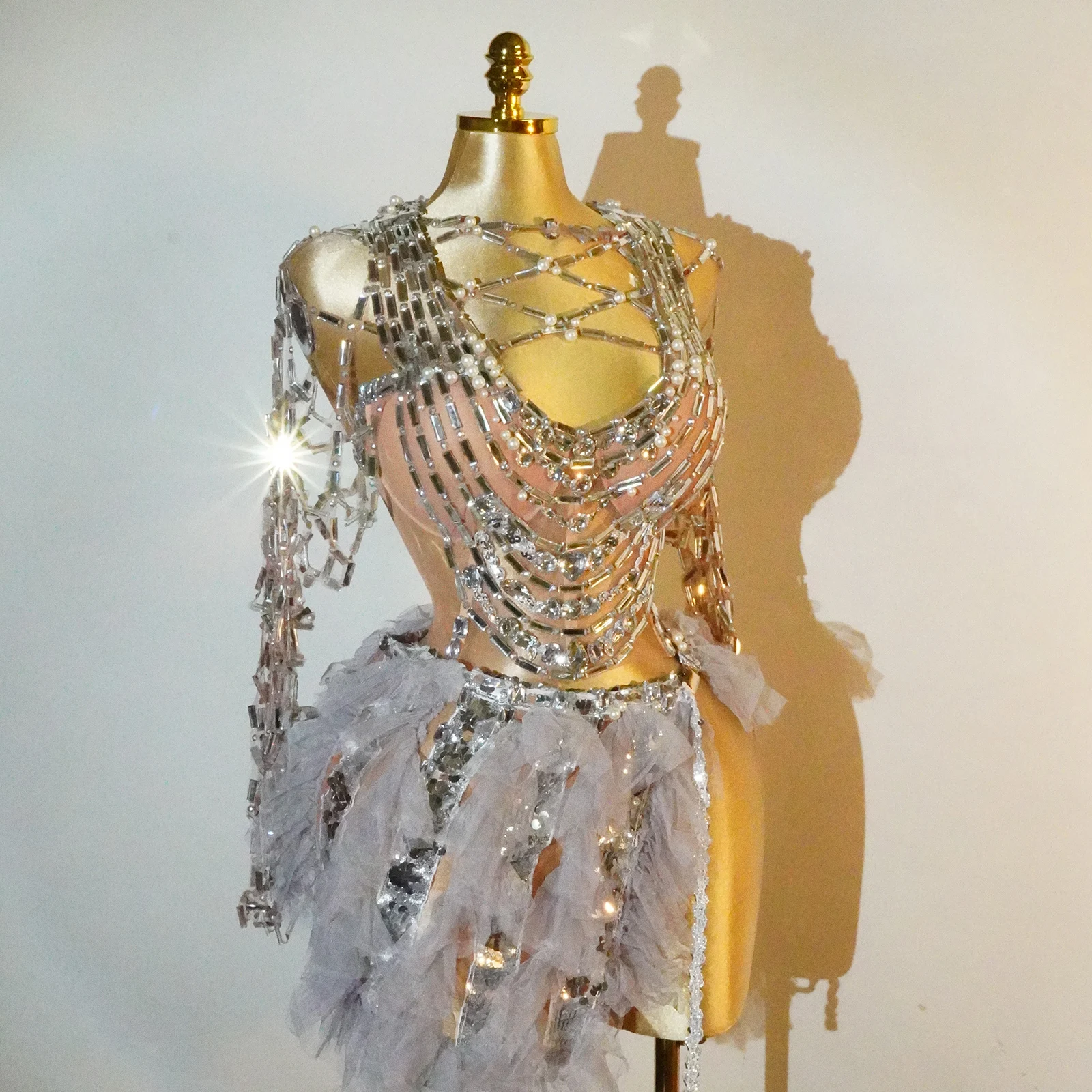 Sexy Music Festival Hollow Out Diamonds Tops ball gown skirt 2 piece set party birthday outfit Valentine Celebrity stage costume