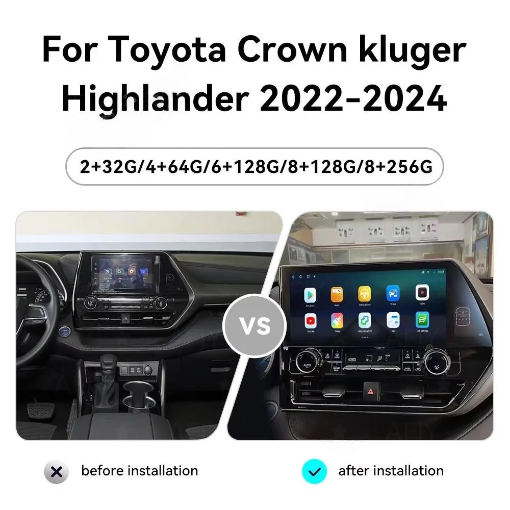 2K GPS Qualcomm Processor Screen For TOYOTA Highlander CROWN KLUGER 2022 2023 2024 CarPlay Android 13 Multimedia Video Player