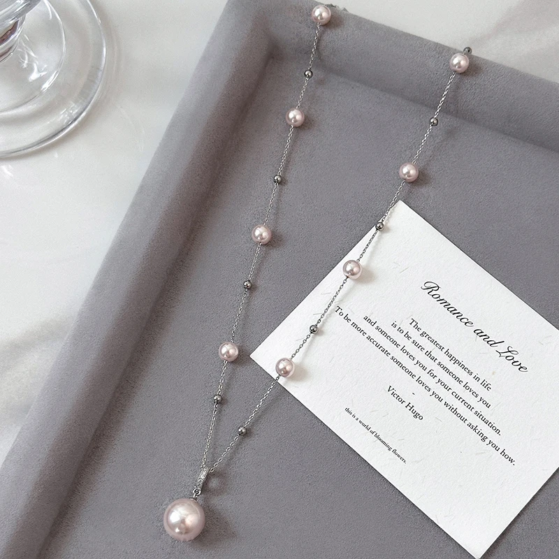 Dainty Manta Rose Purple Imitation Pearl Necklace For Women Beaded Chain Single Round Pearl Pendant Elegant Daily Jewelry Gift