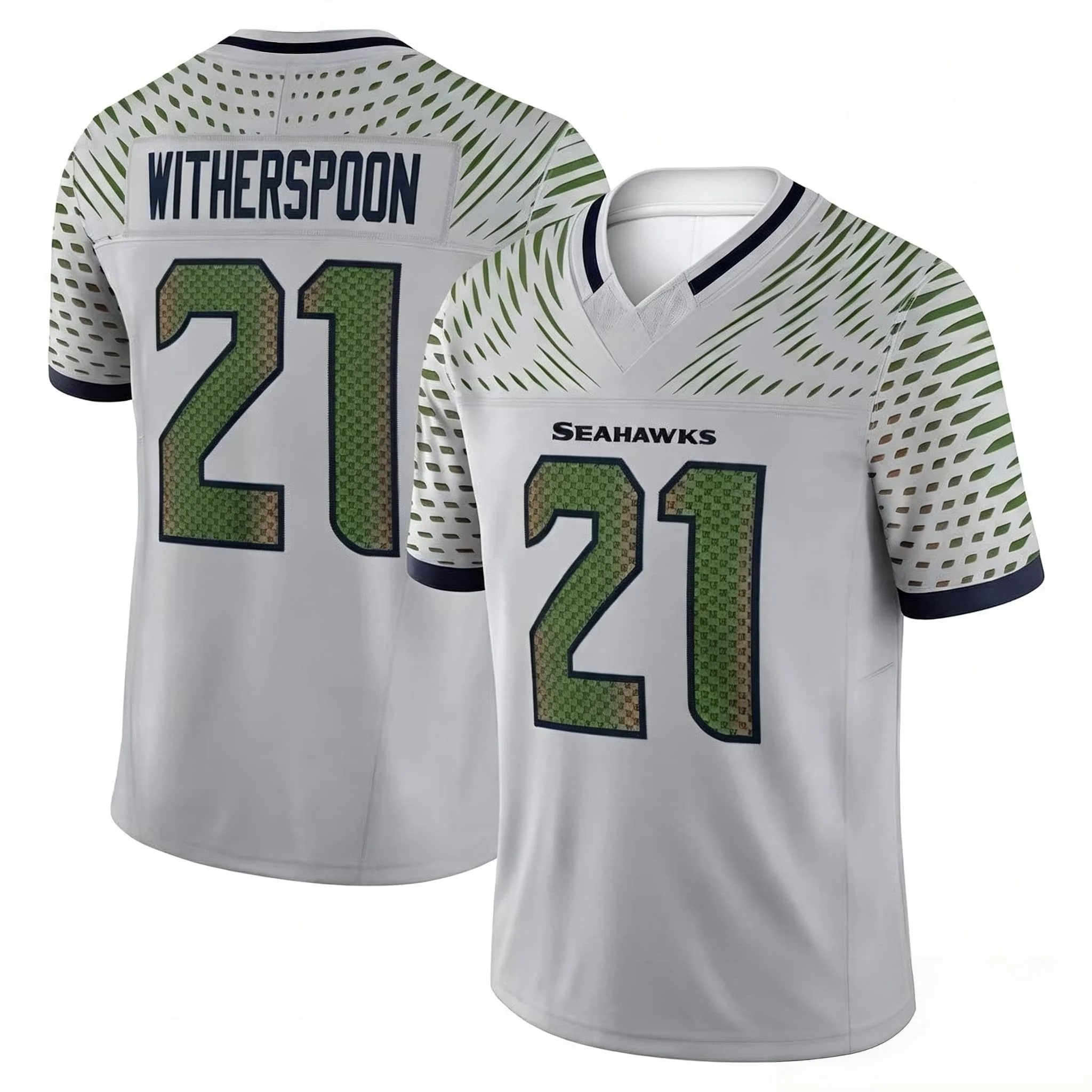 Männer # 21 Witherspoon White Gradient Football-Trikot mit Camo-Textur, Nummer V, V-Ausschnitt, atmungsaktives Seahawks-Fan-Trikot, passend für die ganze Familie
