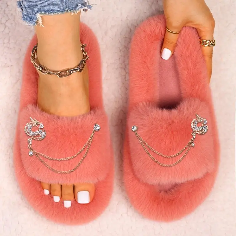 Luxury Rhinestones Dragon Chain Decor Winter Shoes for Women Fluffy Slippers Furry Indoor Slides Open Toe House Sandals Shoes