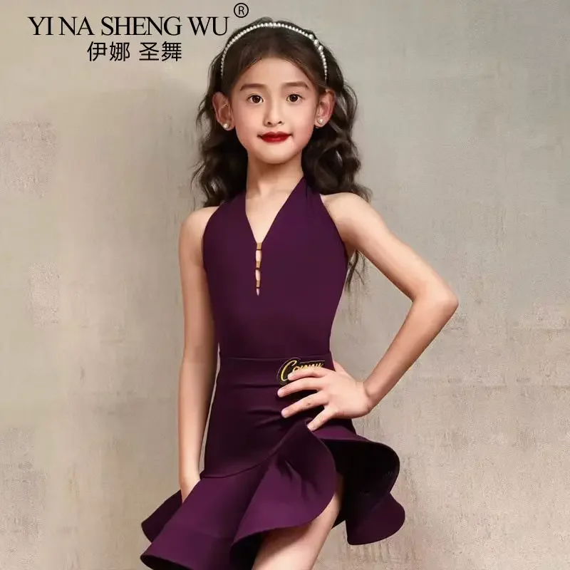 Vestito da ballo latino per ragazze Gonna arricciata con scollo all'americana viola senza maniche Bambini Salsa Rumba Cha Cha Costume da competizione per bambini