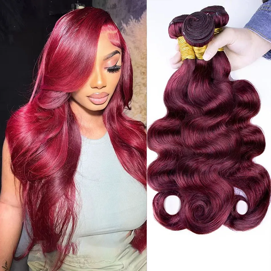 

99j бордовые пучки человеческих волос с объемной волной, 100% бразильские необработанные пучки волос, 1/2/4 пучка, красные наращивания человеческих волос