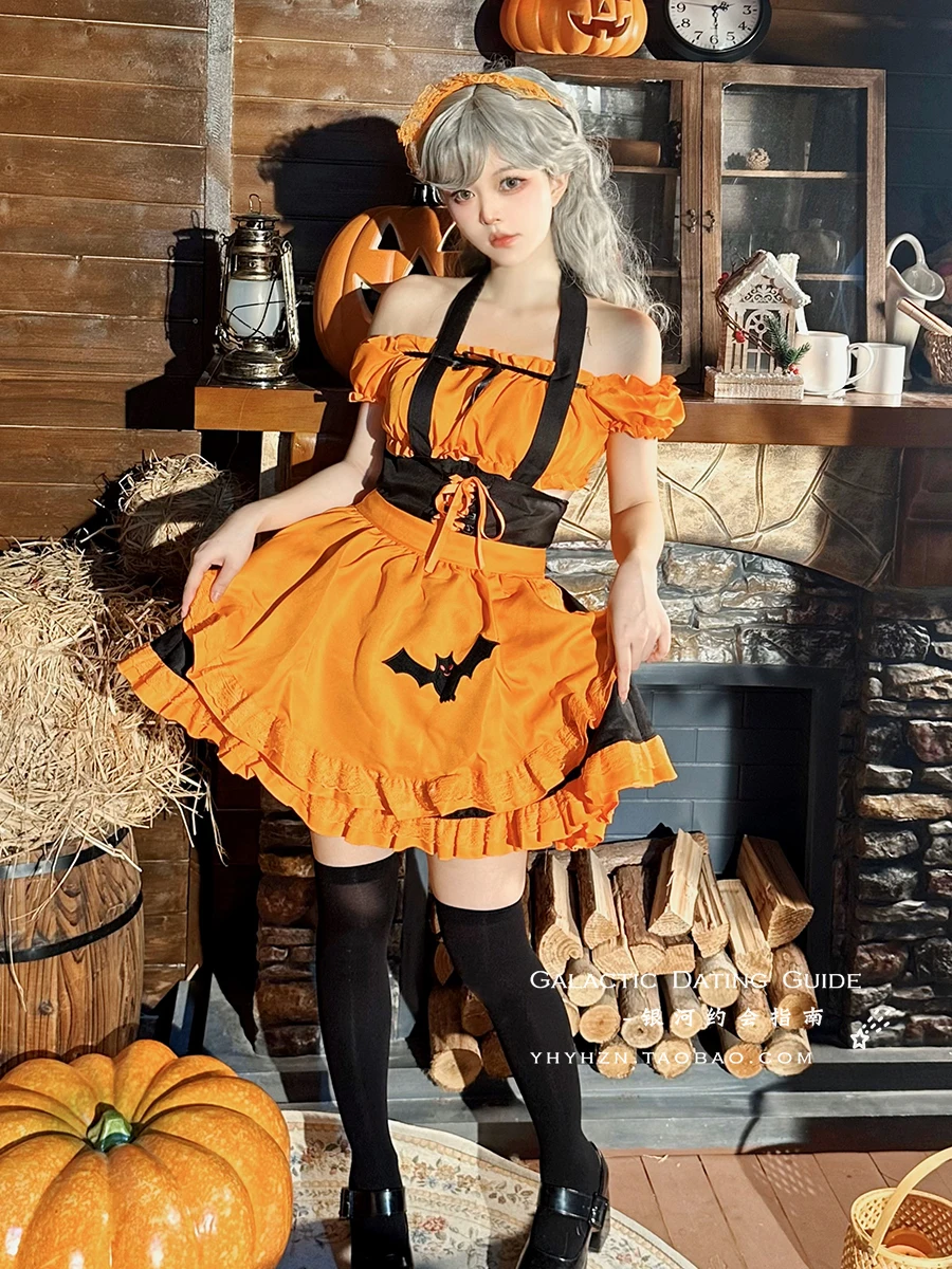 L-5XL Plus Size Halloween Cosplay Costume Maid Pumpkin Color Witch Gothic Strap Skirt Girl Sexy Strapless Tops Cute Short Skirt