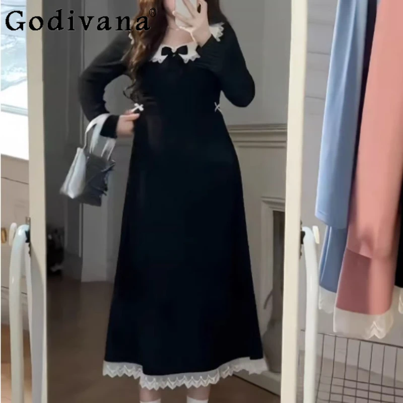 Robe noire à col ras du cou pour femme, grande taille, tempérament français, élégante, taille haute, ligne a, polyvalente, mode, manches longues, automne
