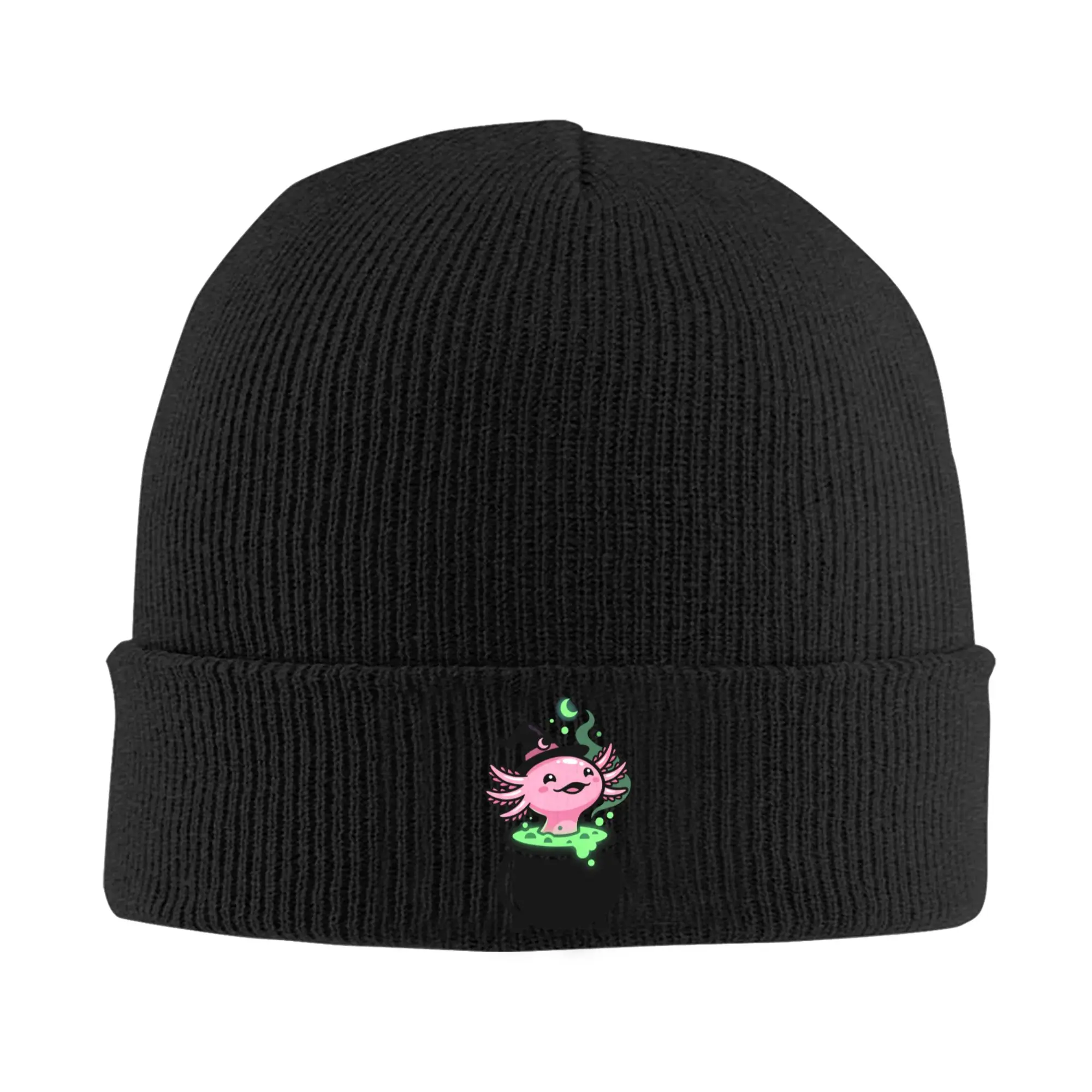 Cute Axolotl Witch Halloween Cauldron Funny Bonnet Hats  Beanie Hats Autumn Knit Hat Vintage Unisex Outdoor Sport Elastic Cap