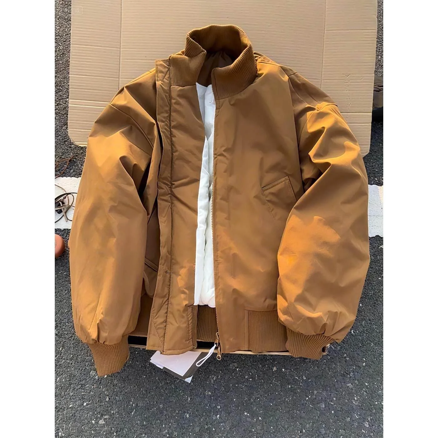 

Brown ort down Cotton Jaet Men's Autumn Winter Thiened Stand Collar Flight Jaet American Sle Workwear Baseball Coat