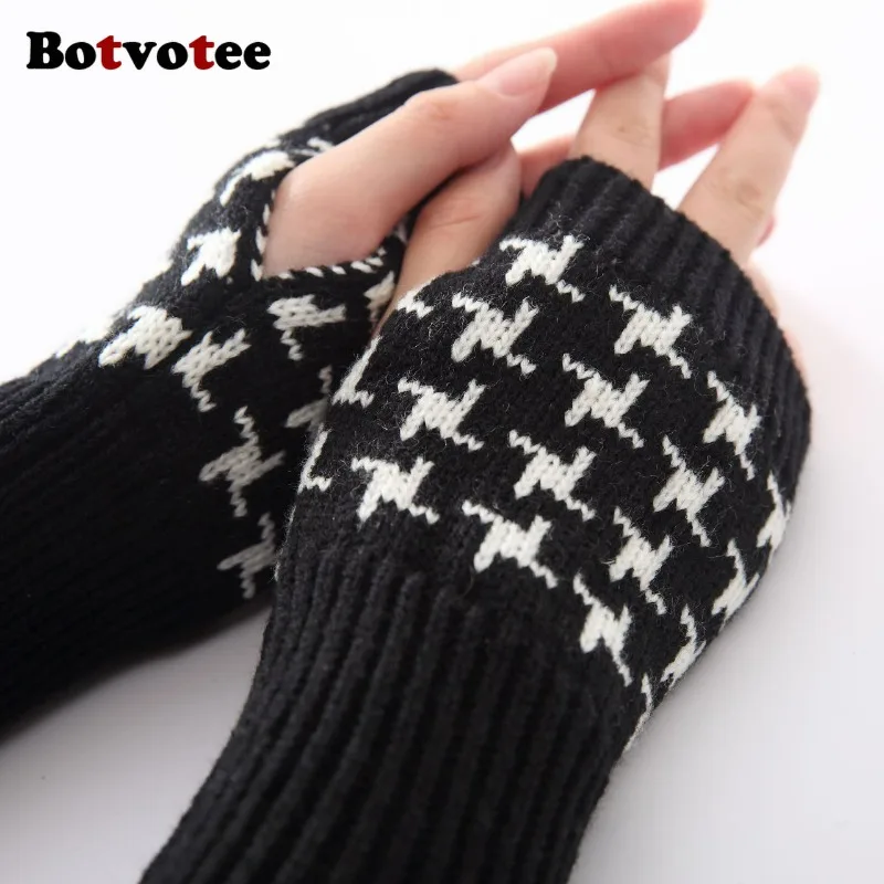 Botvotee الأكمام للنساء Y2k اكسسوارات أصابع قفازات مدفئات للذراع متماسكة شتاء دافئ houndstooth طويل الأيدي الحرة قفازات