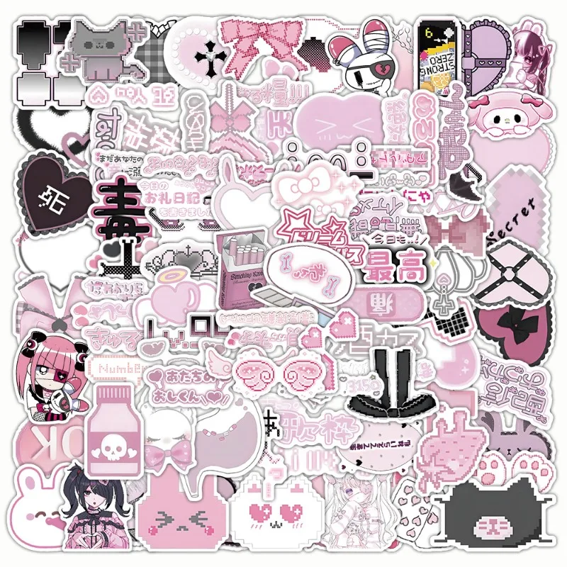 100 Sheets/set Black Pink Retro Japanese Stickers Cute Cartoon Aesthetic DIY Decals for Phone Laptop  Vintage Scrapbook Supplies