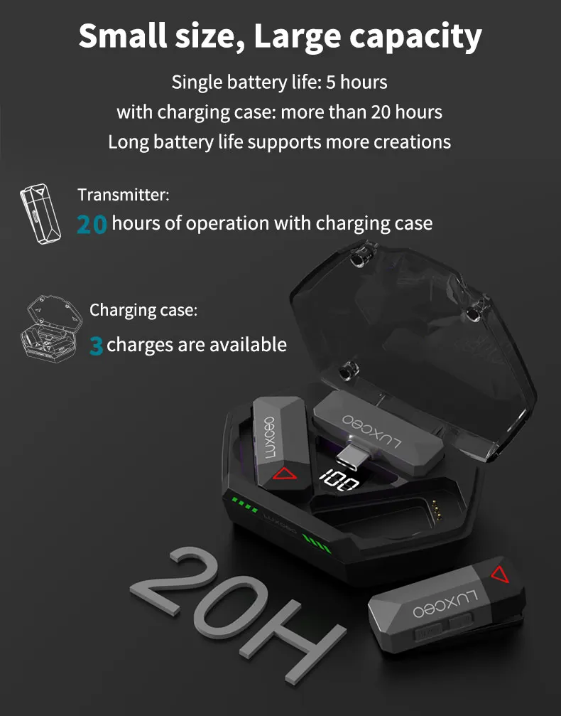 LUXCEO M8 Wireless Lavalier Microphone System with Charging Case Audio Video Recording Mini Mic for iPhone Android Phones