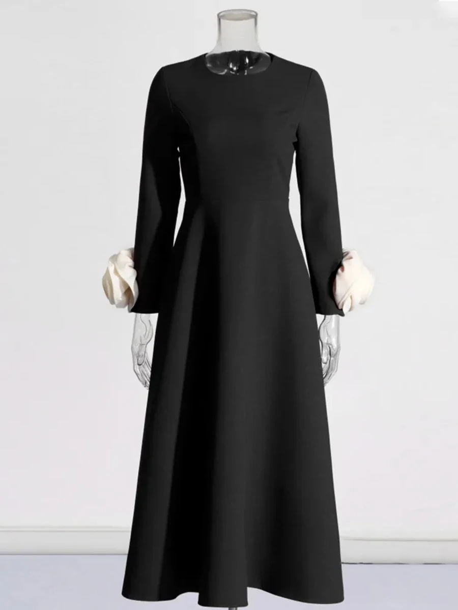 투트윈스타일 히트 컬러 슬리밍 스플라이스드 3D 플라워 드레스 여성용 라운드넥 긴팔 하이웨이스트 우아한 드레스 여성 신상