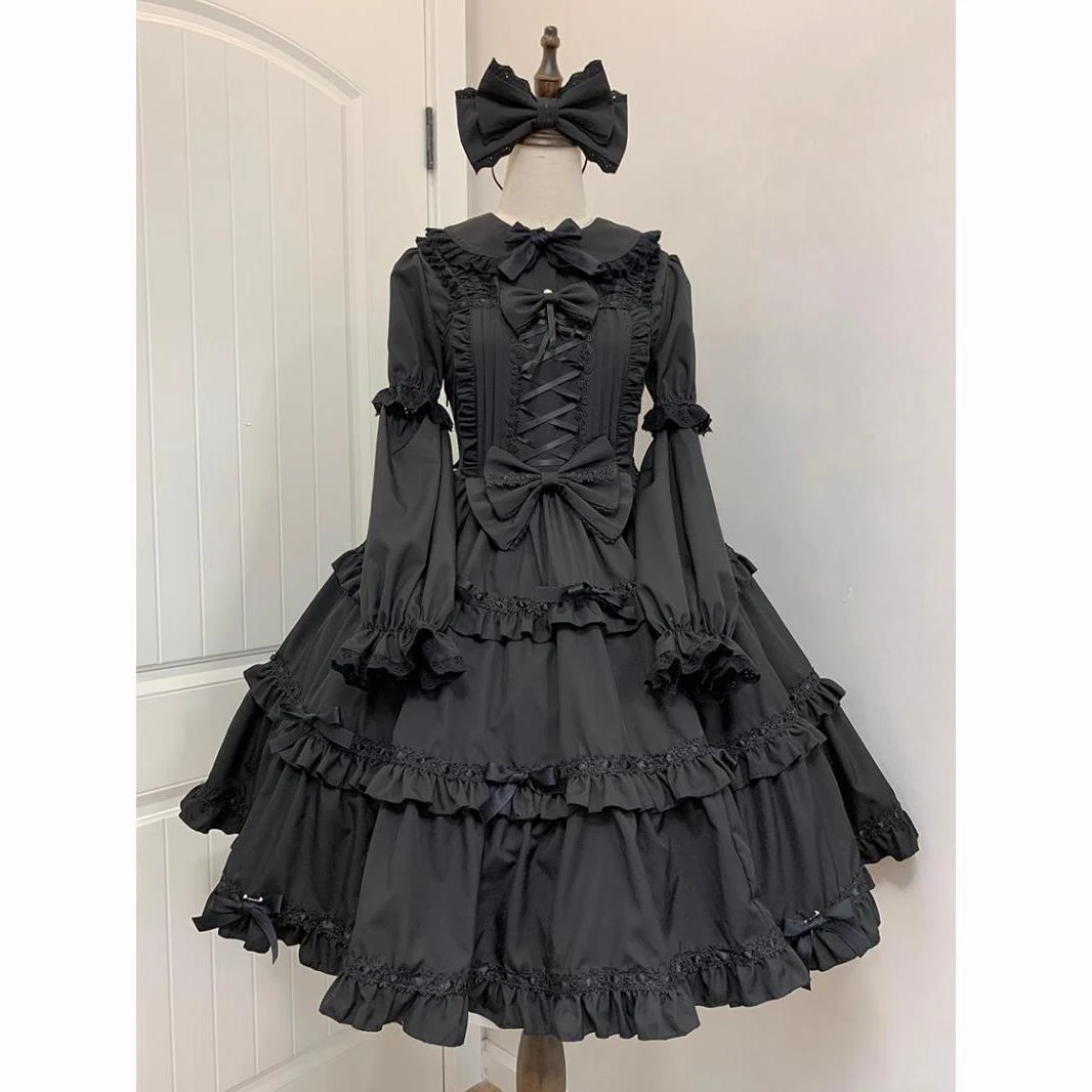 اليابانية Y2k الجمالية لوليتا نمط القوس فستان أسود المرأة القوطية الدانتيل مضيئة كم زر قميص فستان سليم حفلة صغيرة Y2k فستان