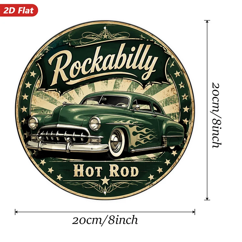 2D Flat, 1pc Rockabilly Hot Rod Round Metal Sign Wall Art, Vintage Green Coupe, Chrome Grille, Ideal for Kitchen Bedroom, Flame