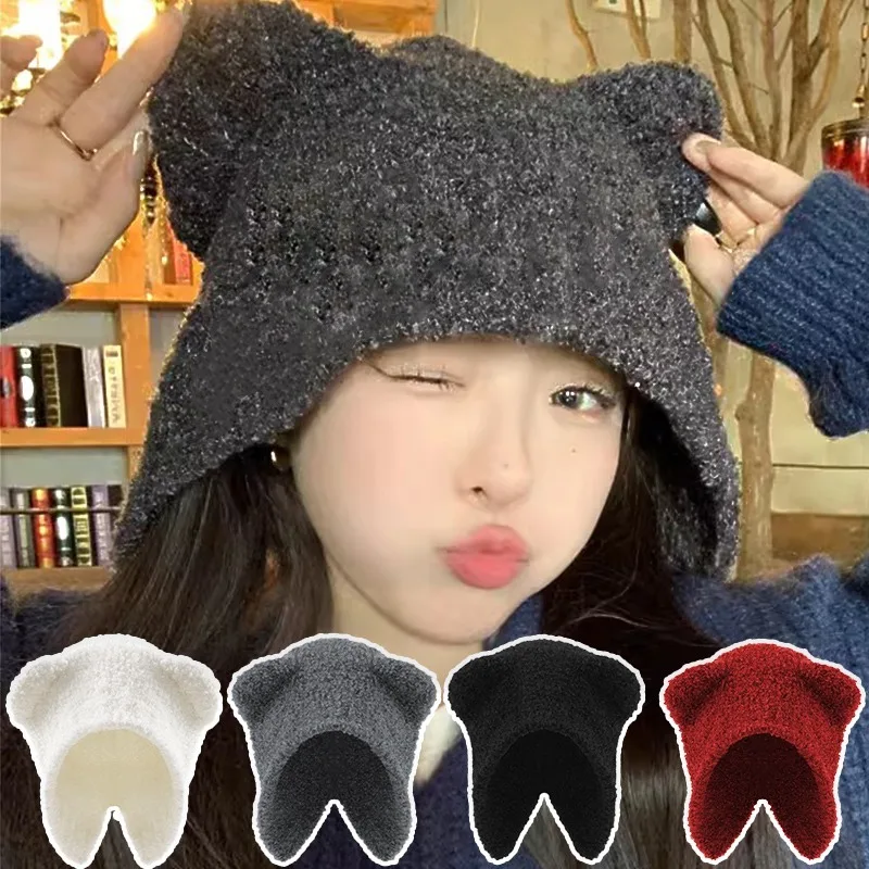 

Winter Thick Warm Hat Protect Ear Plush Soft Warm Knitted Hats Cute Bear Ear Woolen Yarn Cap Outdoor Thermal Skullies Beanies