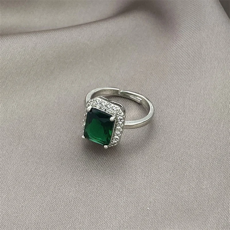 Elegant Sparkling Emerald Open Zircon Ring for Women Adjustable Luxury Silver Color Inlaid Square Green Pink Zircon Rings