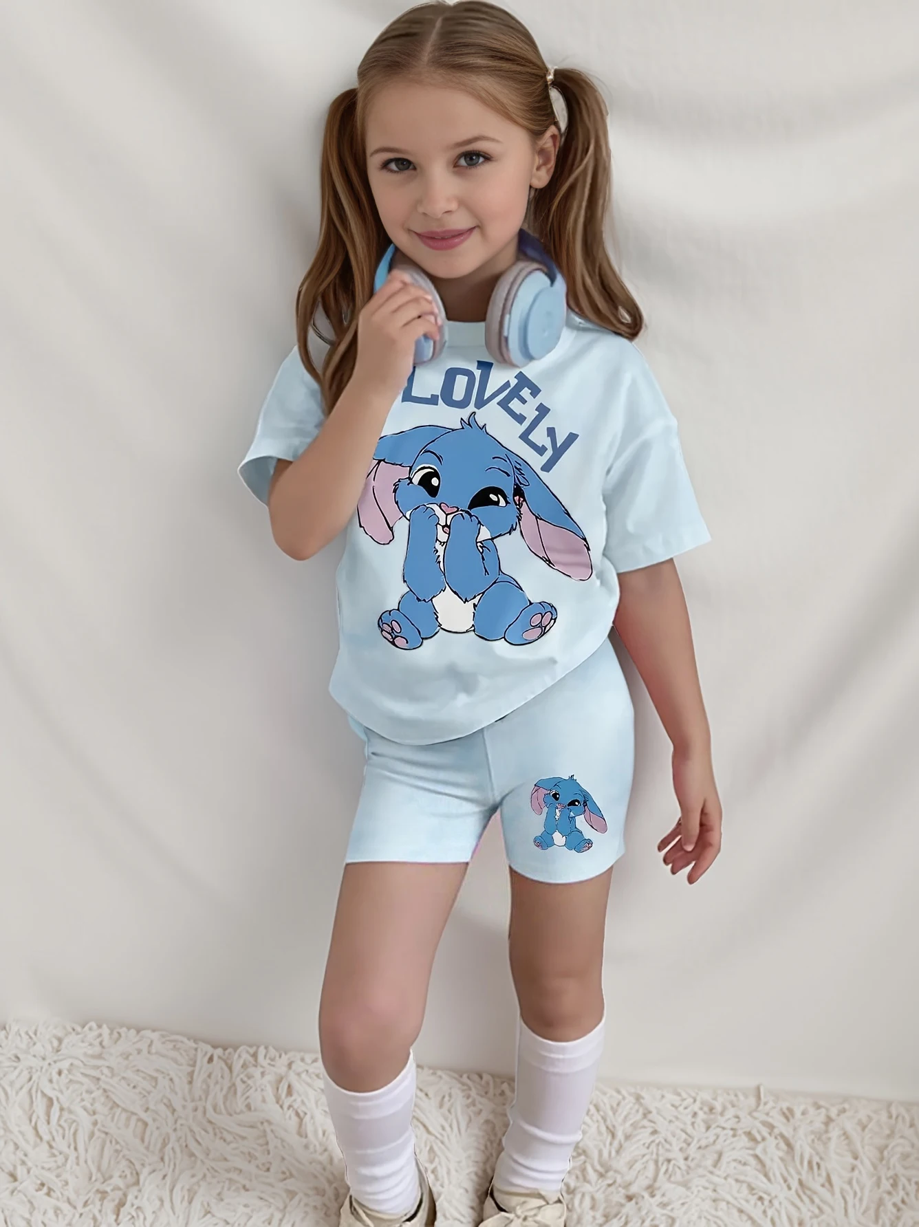 Conjunto de 2 piezas: Camiseta de manga corta con dibujos animados de estilo europeo y americano para niñas + falda utilitaria con bolsillos reales, estilo veraniego delgado, falda informal de manga corta para niñas, conjunto elegante y femenino, conjunto