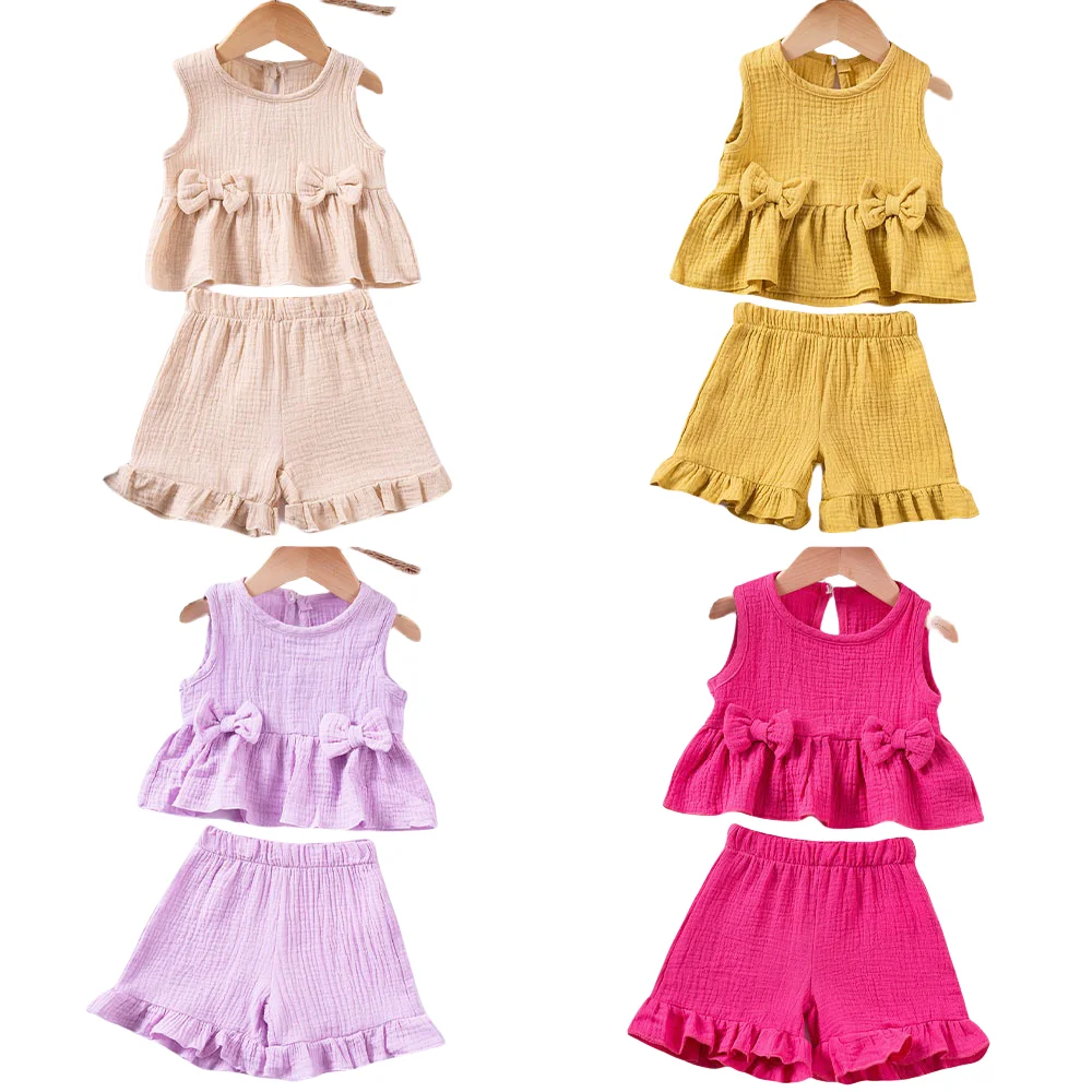 

2025 Summer 2Pcs Cotton Cute Bowknot Kids Girls Set Sleeveless Vest and Shirt Baby Girl Suit Soft Breathable Ruffled Toddler Set