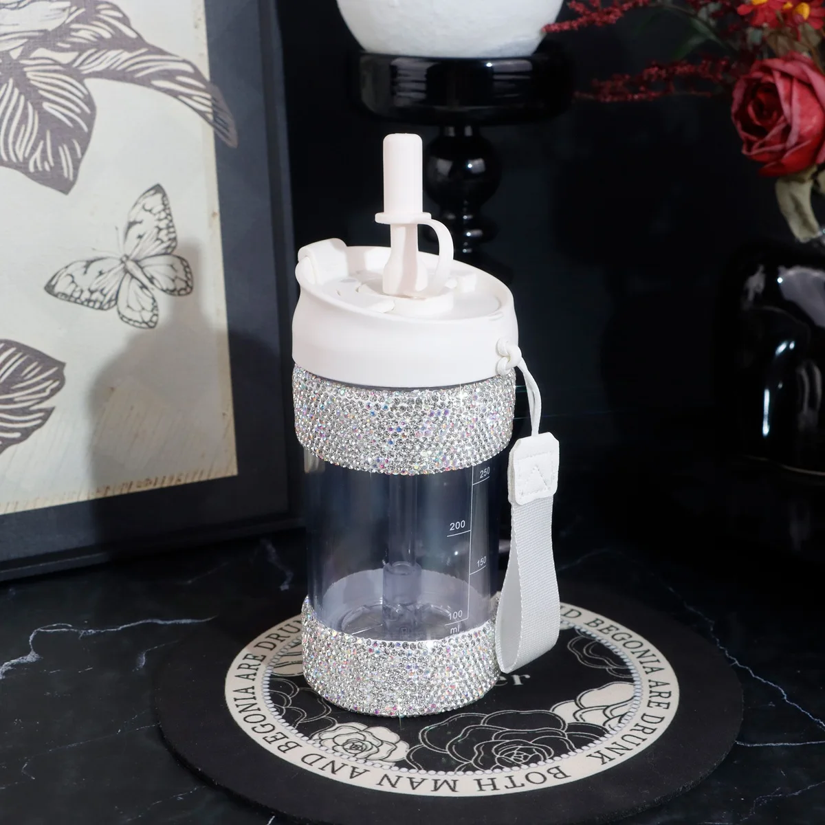 

360ml Sparkling Rhinestone Coffee Mug With Lid Straw Clear Smoothie Glasse Plastic Water Cup Teacup Home Summer Drinkware