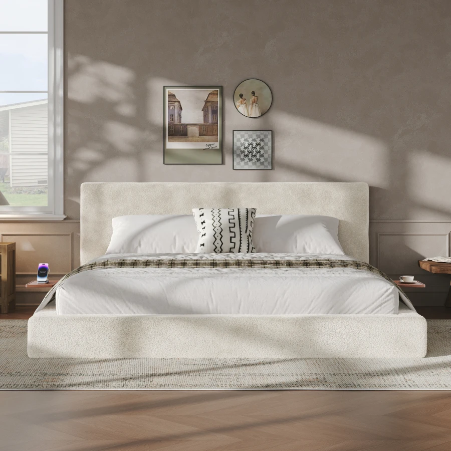 AirFrame King Bed Frame with Adjustable Sliding Side Table, 8.7'' Cloud Upholstered Sponge Cushion, Easy Assembly Off-White .Co