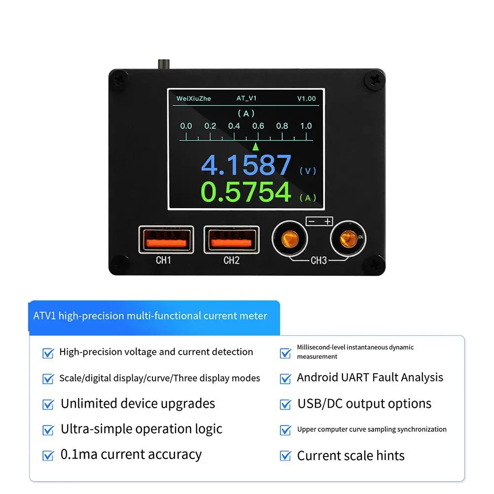 ATV1 multifunction ammeter 036V 08A with USB DC output modes and 2 inch IPS display for mobile phone power troubleshooting