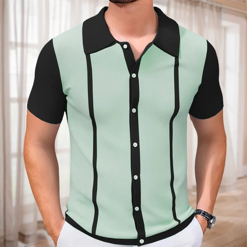 Roupas masculinas verão nova moda masculina clor-codificado listrado manga curta turn-down colarinho camisas casuais na moda camisas finas masculino