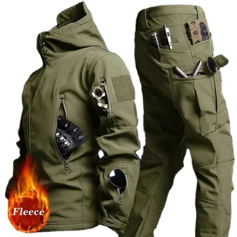 Imagem -02 - Prova de Vento à Prova Impermeável Água Softshell Jaqueta Masculino Roupas de Pesca Elástica Chaqueta Quente com Capuz Jaquetas Calças Terno Acampamento Caminhadas Caça à