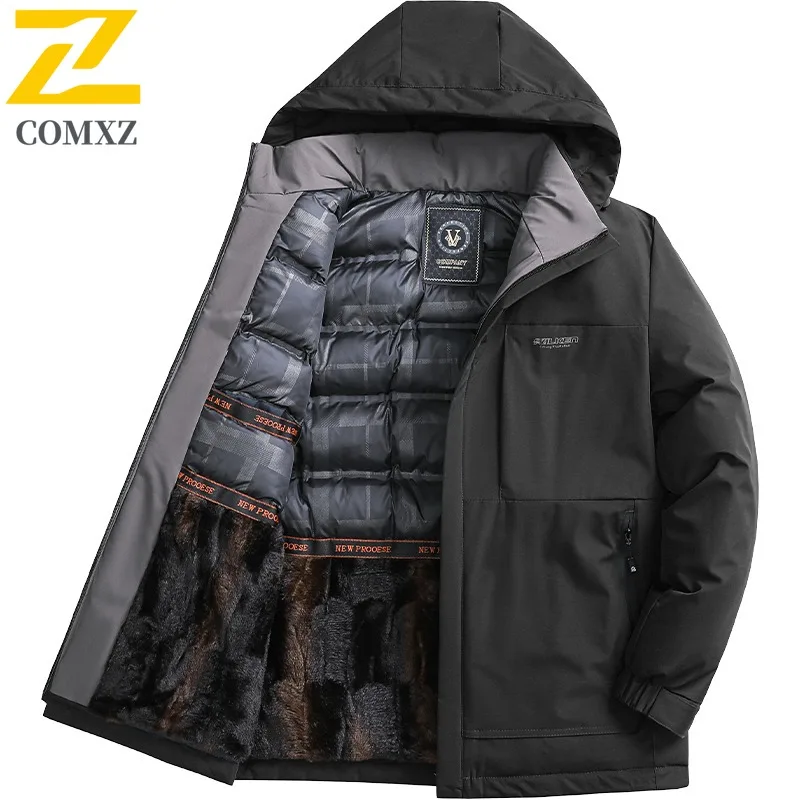 เสื้อแจ็คเก็ตบุหนา COMXZ สำหรับผู้ชาย มีฮู้ด สีพื้น เหมาะสำหรับธุรกิจ เดินทาง ท่องเที่ยวในหิมะ เดินป่า คุณภาพสูง สำหรับฤดูหนาว