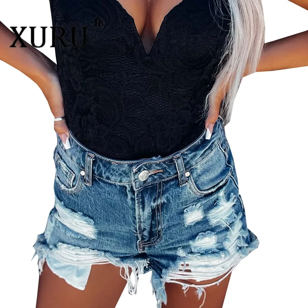 

XURU-2023 Distressed Denim Shorts for Women, Personalized Wash, Tear Down Hot Pants, European and American, New