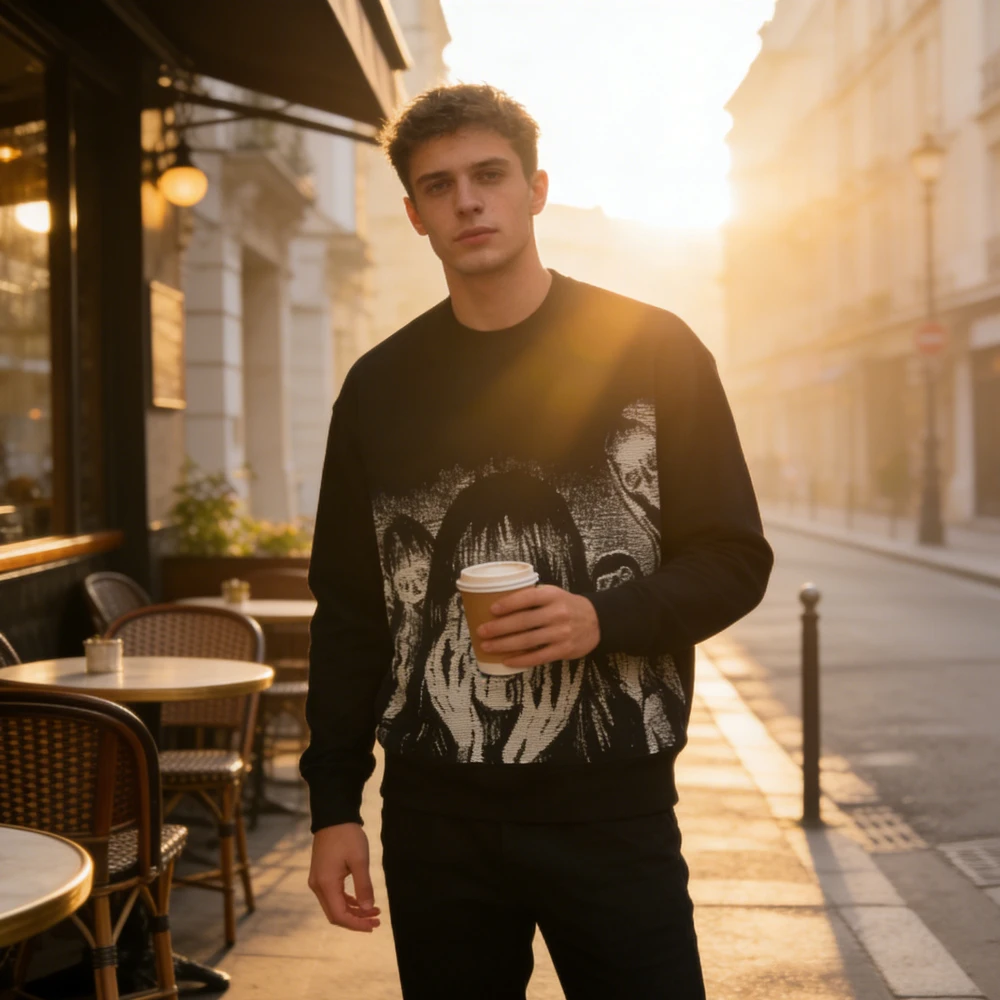 

Creative winter punk casual knitted special long sleeved hooded sweatshirt for men and women, round neck sweater, printed