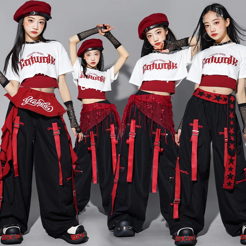 

Комплект одежды для девочек: белый укороченный топ и брюки карго в стиле K-pop, уличная одежда для девочек, костюм для детских танцев, хип-хоп, джаз, подростковая одежда