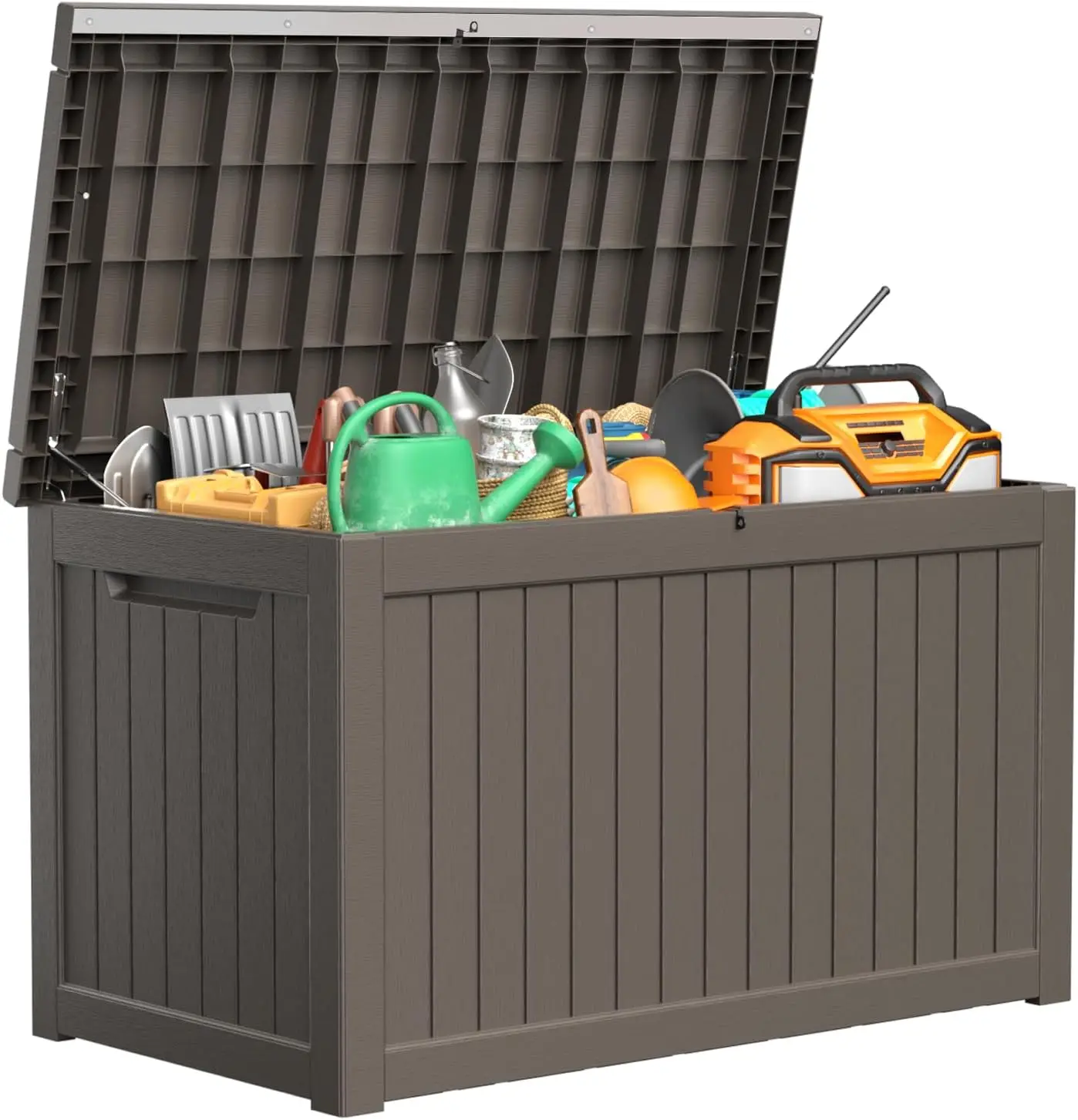 

Коробка для террасы из смолы на 230 галлонов, запираемый ящик для хранения уличной мебели для патио, хранения садовых инструментов и инструментов,