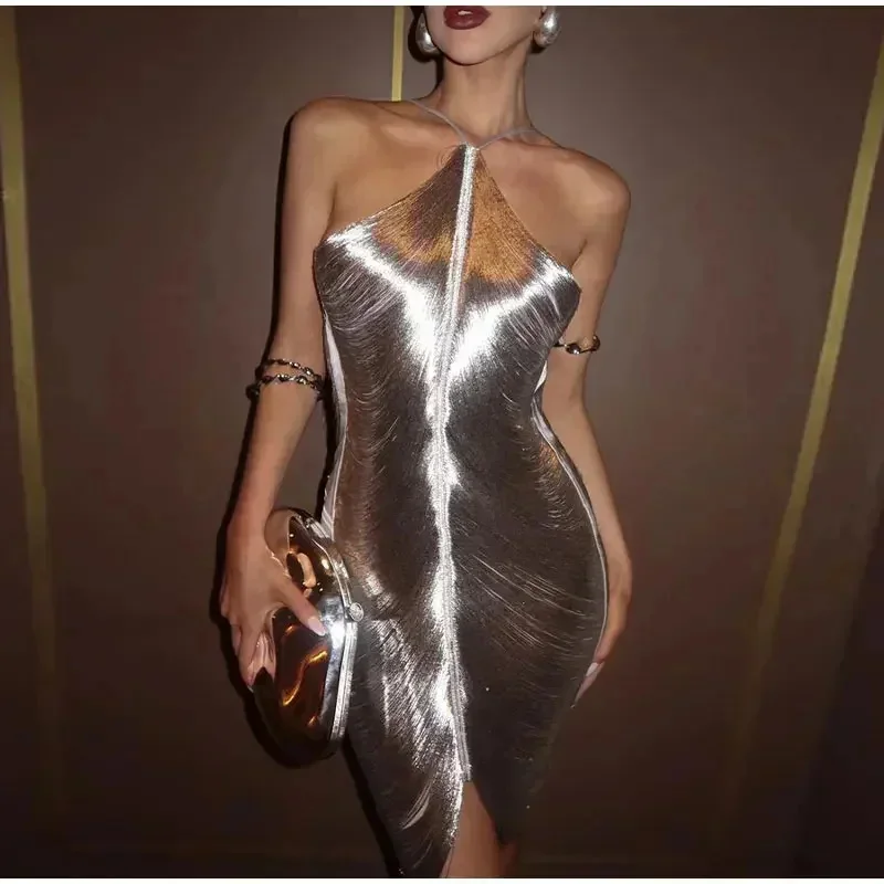 

Sexy Hanging Neck Short Dress Women Elegant Metallic Off Shoulder Backless Shiny Fashion Dresses Female Evening Party Vestidos