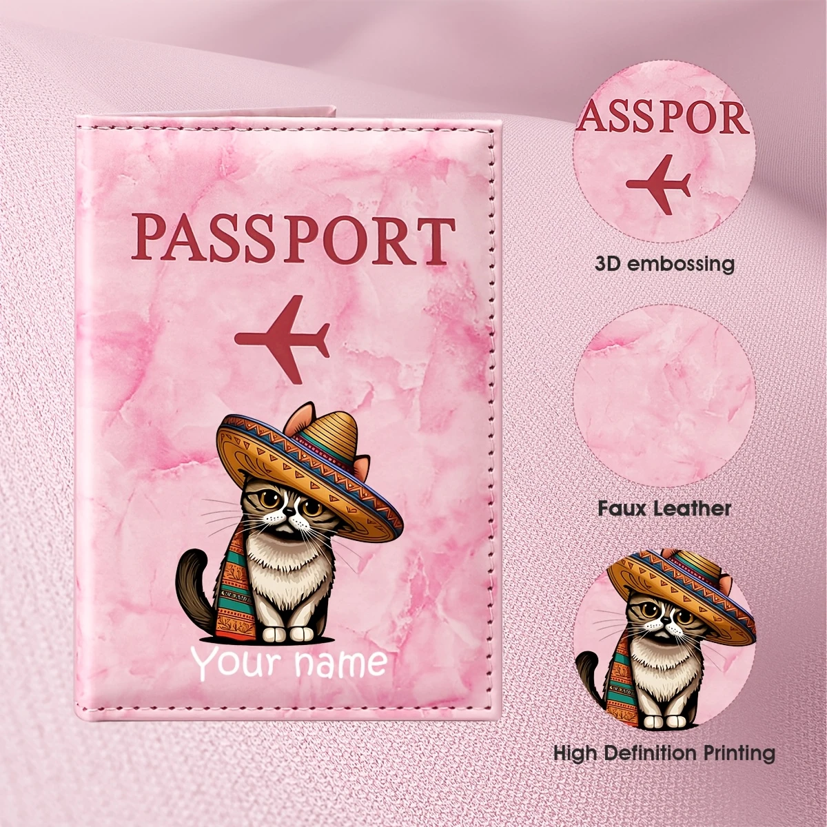 Personalized Name Mexican Style Cat Pattern PU Passport Holder, Featuring a Cat Wearing a Wide-brimmed Hat and Colorful Shawl