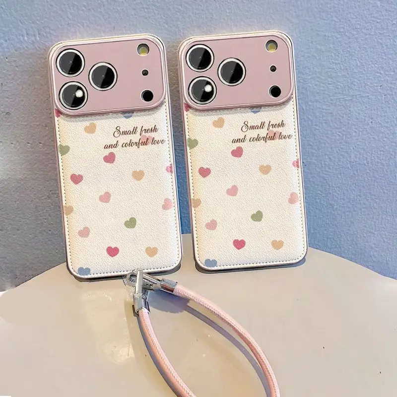 

Cute Healing touch Colorful Heart Leather Phone Case With Lanyard For IPhone 17 16 15 14 13Pro Max Shockproof Protective Cover