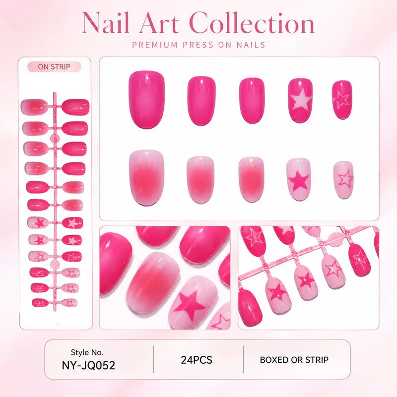 Gradient Pink Star Short Round Press Nails 24Pcs Strip Pack Glossy Removable Self Adhesive Nail Patches Finished Manicure Nails