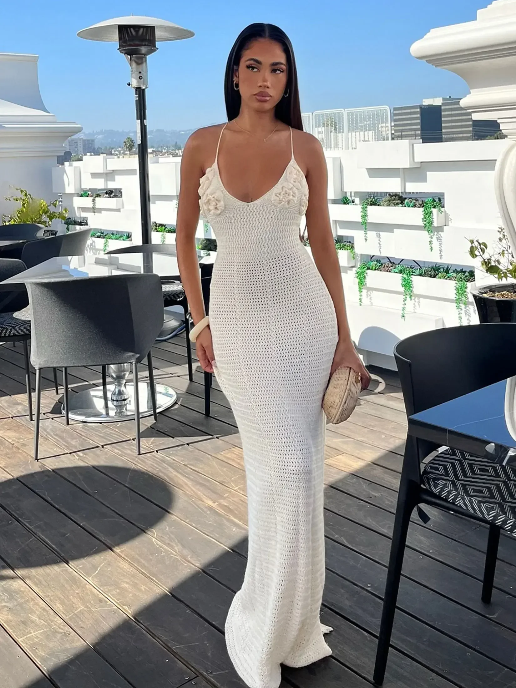 Sexy Knit Cut Out Spaghetti Strap Flower V Neck Bodycon Beach Maxi Dress 2025 Summer Women Holiday Outfit Swimwear Cover Up K79