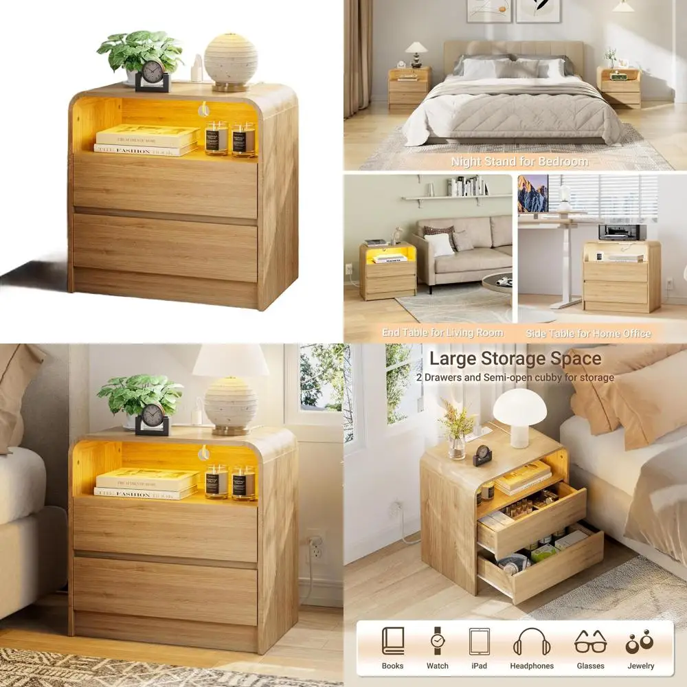 Modern Curved Natural Oak 2-Drawer Nightstand with Charging Station & Open Shelf