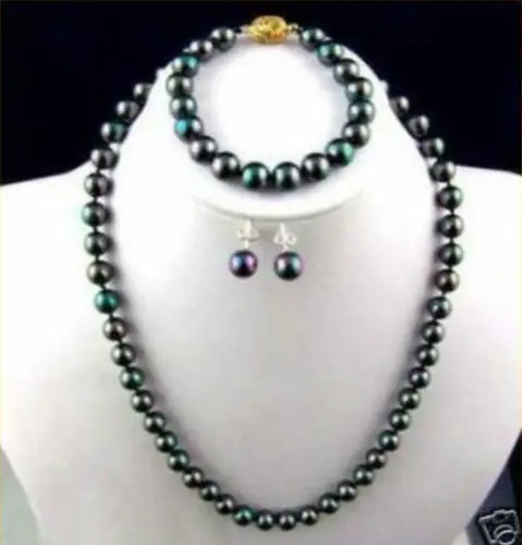 

8mm Black Akoya shell Pearl Necklace Bracelet Earring Set 18/7.5inch