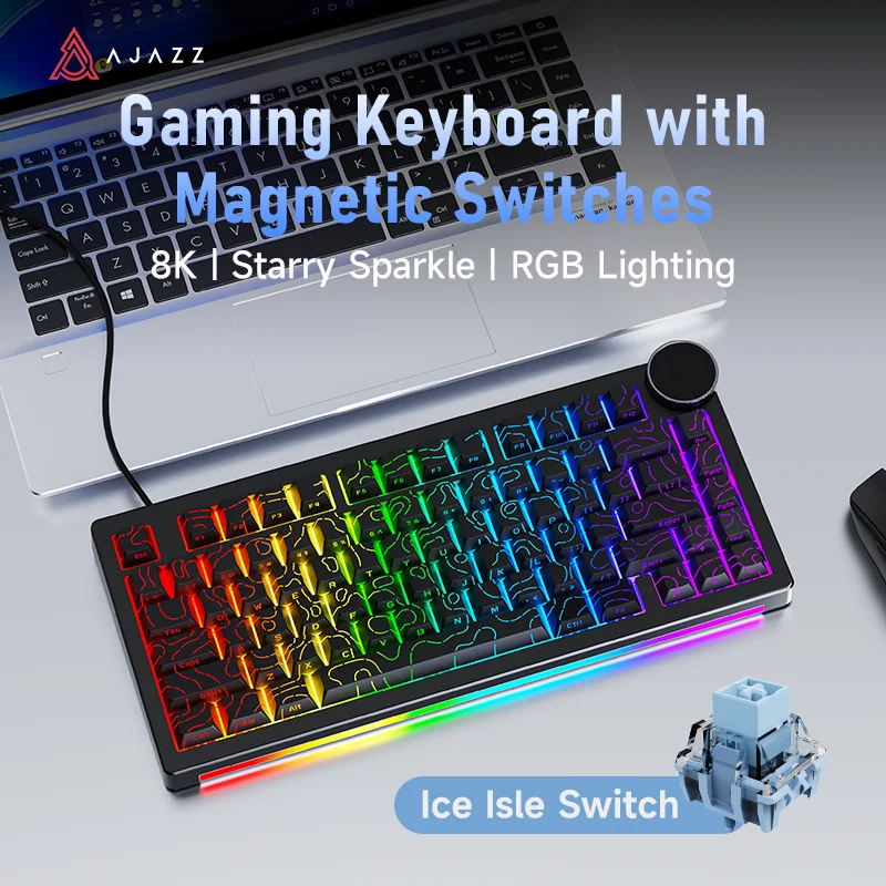 Ajazz AK820 V2 HE Bedraad 75% Hall Effect Gaming Toetsenbord, Snelle Trigger, 8000Hz Polling Rate, Hoge Precisie, Multi-mode Ondersteuning, Dubbele RGB Lichtstrips, Metalen Volume Knop, USB-C Poort,
