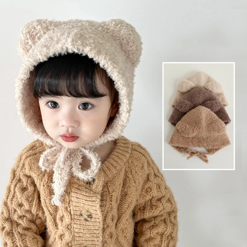 Cute Bear Baby Plush Hat Winter Warm Ear Protection Beanie Cap for Infant Boy Girl Solid Color Cartoon Kids Earmuff Caps Bonnet