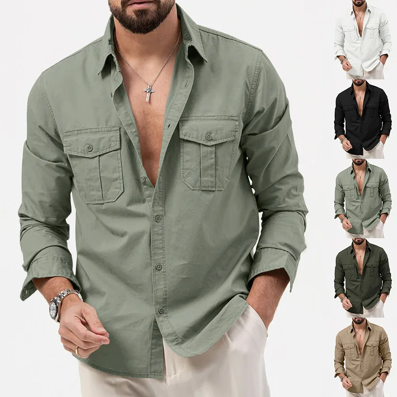 

New 2025 Men's Casual Long Sleeve Shirt with Multiple Pockets Fashionable Slim Fit Caricature Pattern Polyester Blend Fabric