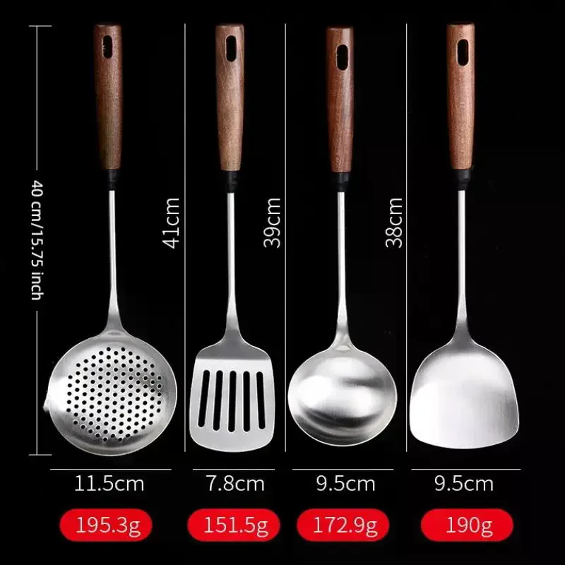Stainless Steel Turner With Wooden Handle Heat-Resistant Long Handle Soup Ladle Spatula Kitchen Cooking Utensils