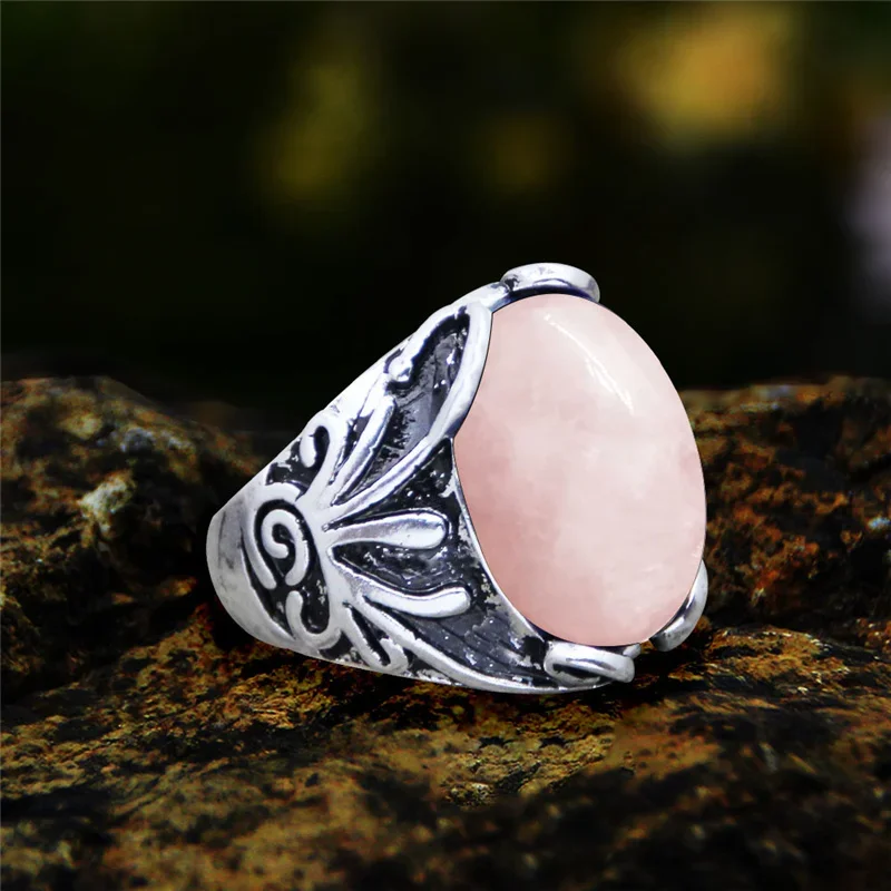 Vintage Natural Stone Jades Rings For Women Real Silver Plated Natural Pink Quartz Ring Fashion Jewelry Free Shipping