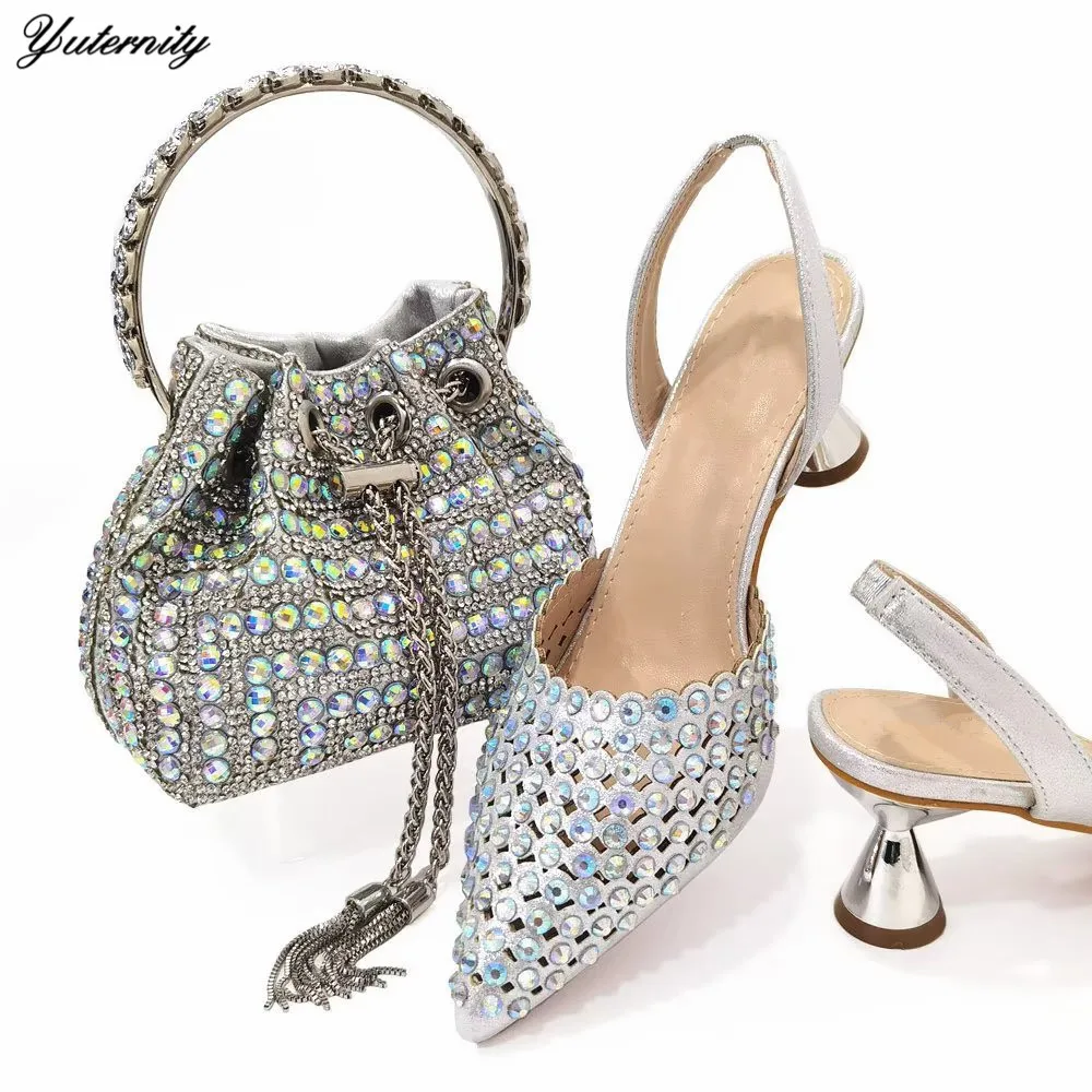 Latest Italian Rhinestone Shoes With Matching Bag Set New African Ladies pumps And Bag Italian Party Shoes On Stock