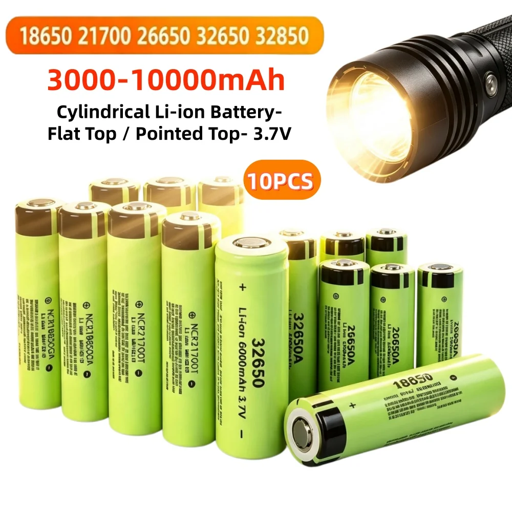 Image of Hochleistungsfähige 10er-Packung 3,7V 18650 21700 26650 26800 32650 wiederaufladbare Lithium-Batterien für starke Taschenlampen und Elektrowerkzeuge