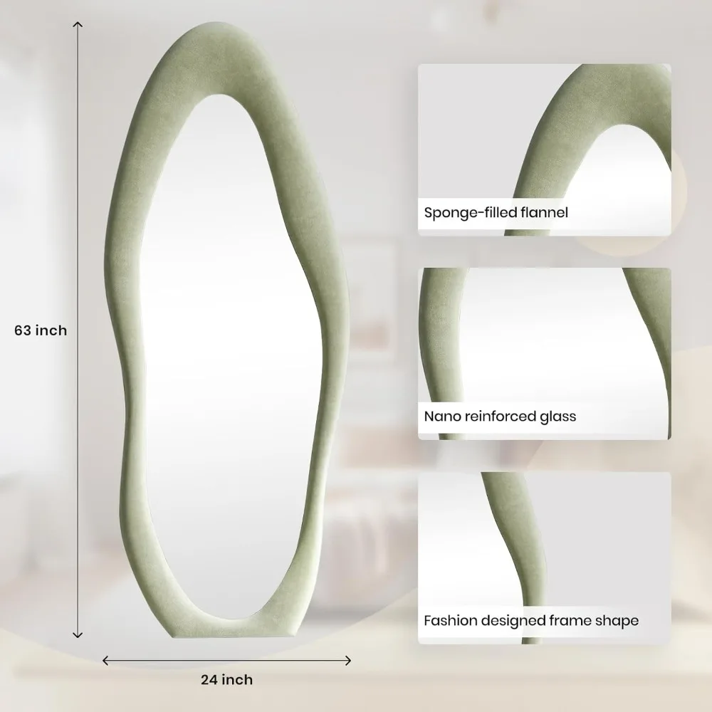 مرآة لكامل الجسم مثبتة على الأرض مع حامل، إطار من الفلانيل المريمية مقاس 63 × 24، معلق على الحائط، شكل غير منتظم، مثالي لديكور المنزل