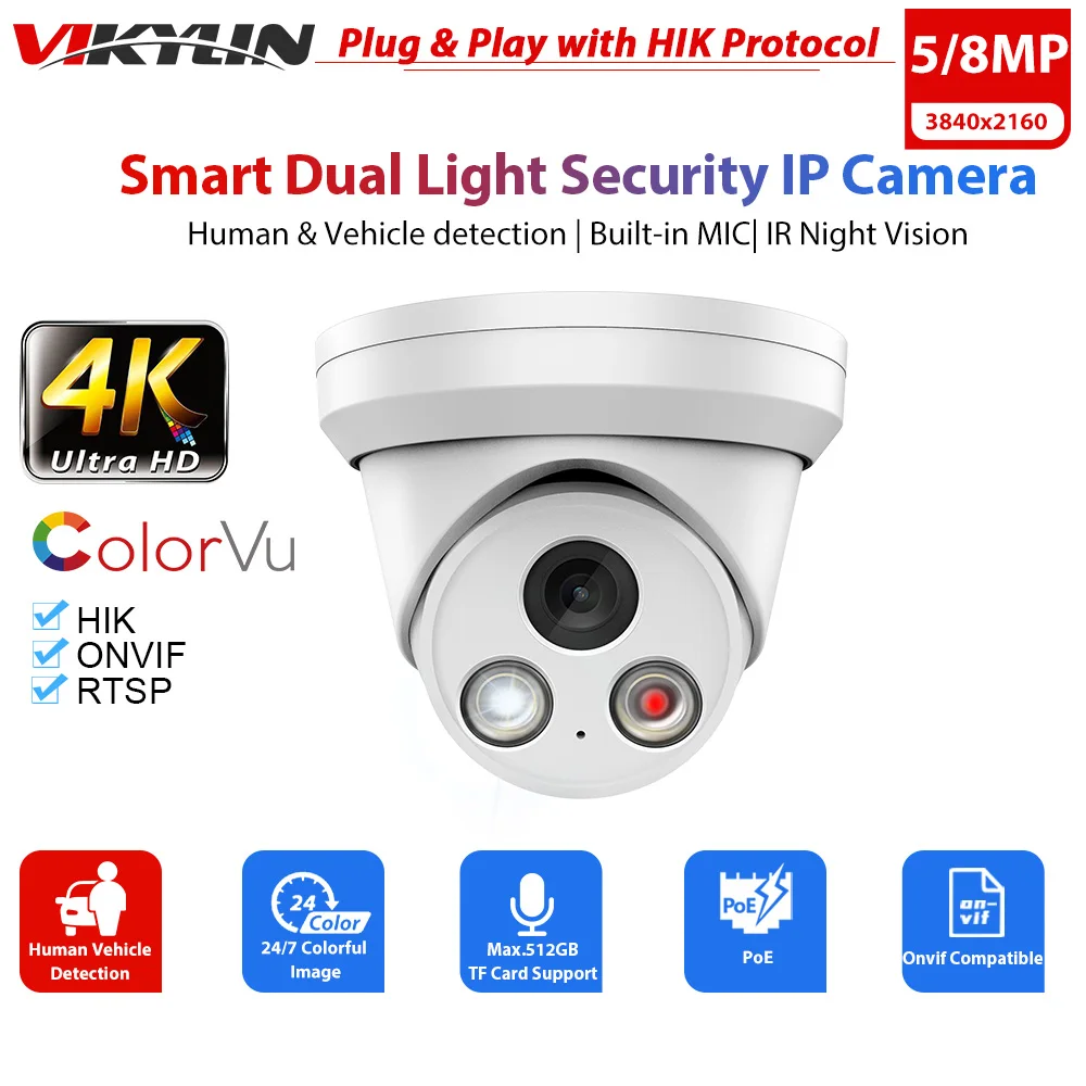 Vikylin 8MP 4K Security PoE ColorVu Camera for Hikvision Protocol Full Color Night Vision Human Vehicle Detect 5MP Cam with MIC