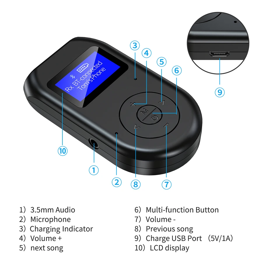 Bluetooth 5,0 Audio Sender Empfänger 3,5mm Jack AUX Wireless Audio Adapter LCD Display Mit Mic für TV Lautsprecher Auto stereo