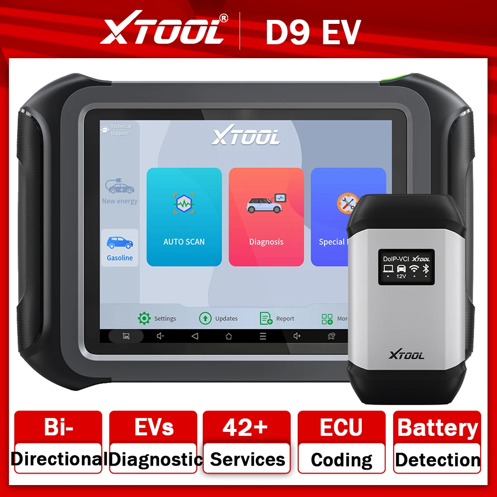 

Диагностический сканер XTOOL D9EV 2026 для электромобилей (OBD2) с функциями диагностики аккумуляторных батарей Tesla и BYD, кодирования ЭБУ и бесплатных обновлений